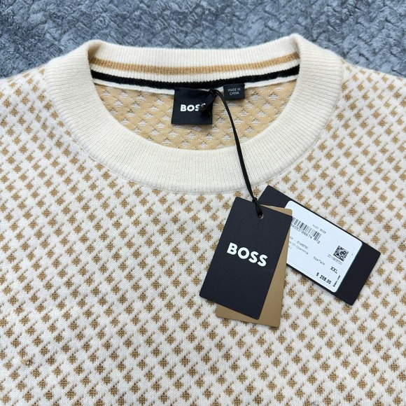 NEW BOSS Hugo Boss Men XXL Virgin Wool Geometric Jacquard Sweater Open Beige